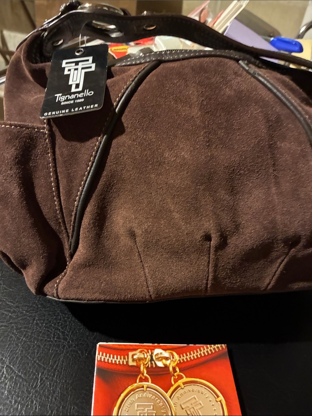 Tignanello Chocolate Brown Suede Messenger Bag with Leather Trim